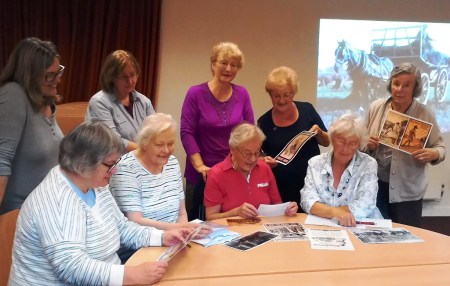 Getting started! (From left to right) Back row: Professor Maggie Andrews, University of Worcester, Susanne Atkin, volunteer researcher, Audrey Whitehouse and Beth Milsom of Pershore WI Front row: Elspeth King, University of Worcester, Audrey Humberstone, Margaret Tacey and Jean Haynes from Pershore Heritage & History Society